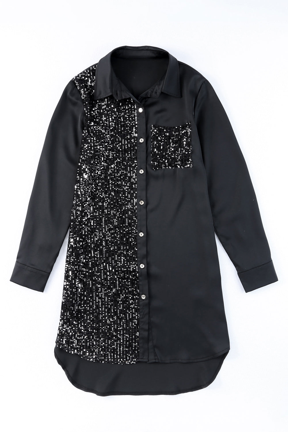 Blue Zone Planet | Black Sequin Splicing Pocket Buttoned Shirt Dress-TOPS / DRESSES-[Adult]-[Female]-2022 Online Blue Zone Planet