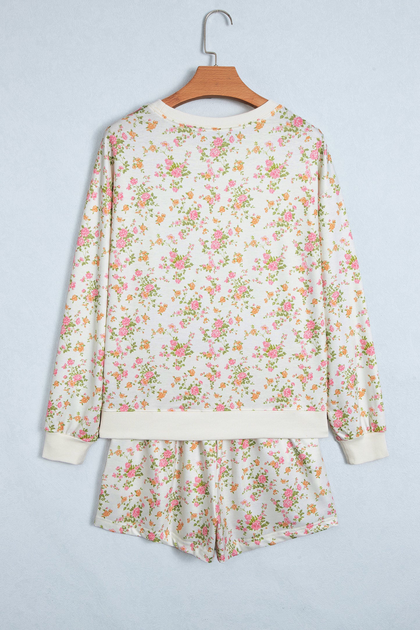 Beige Floral Print Long Sleeve Shift Top Pocketed Shorts 2pcs Set-Two Piece Sets/Short Sets-[Adult]-[Female]-2022 Online Blue Zone Planet