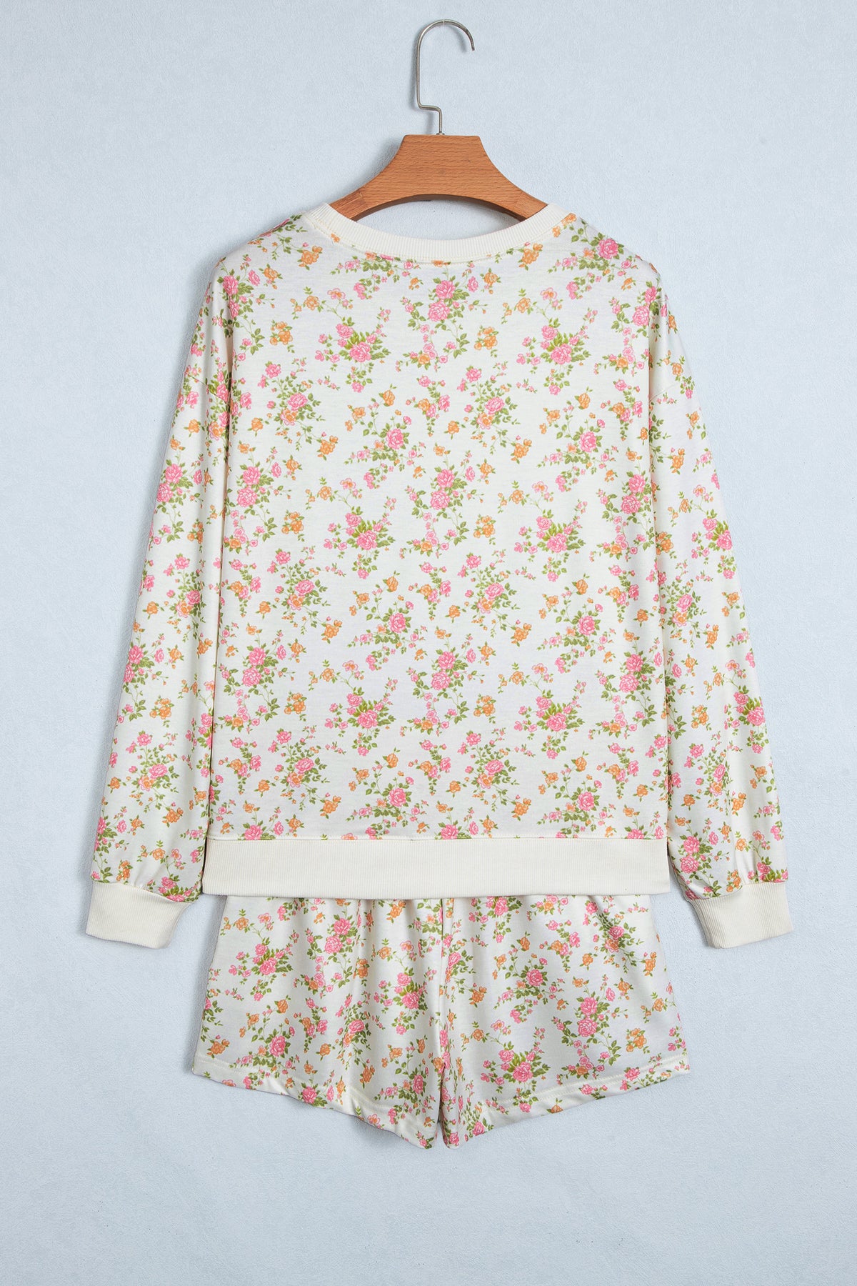 Beige Floral Print Long Sleeve Shift Top Pocketed Shorts 2pcs Set-Two Piece Sets/Short Sets-[Adult]-[Female]-2022 Online Blue Zone Planet