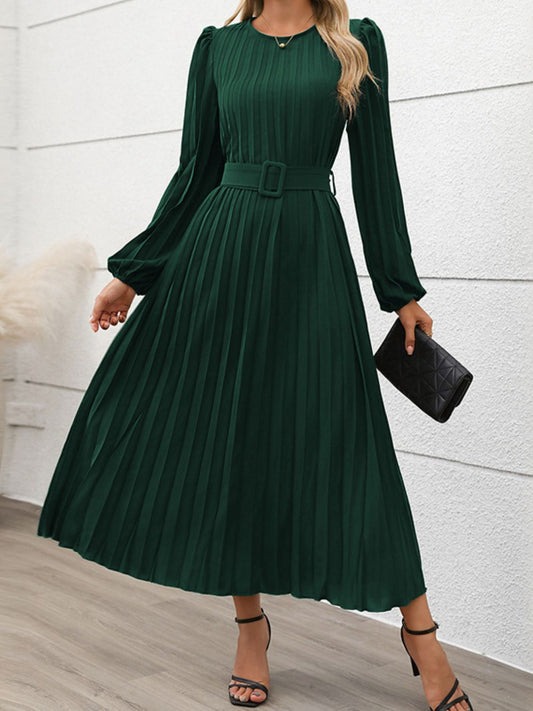 Perfee Pleated Round Neck Long Sleeve Midi Dress-TOPS / DRESSES-[Adult]-[Female]-Dark Green-S-2022 Online Blue Zone Planet