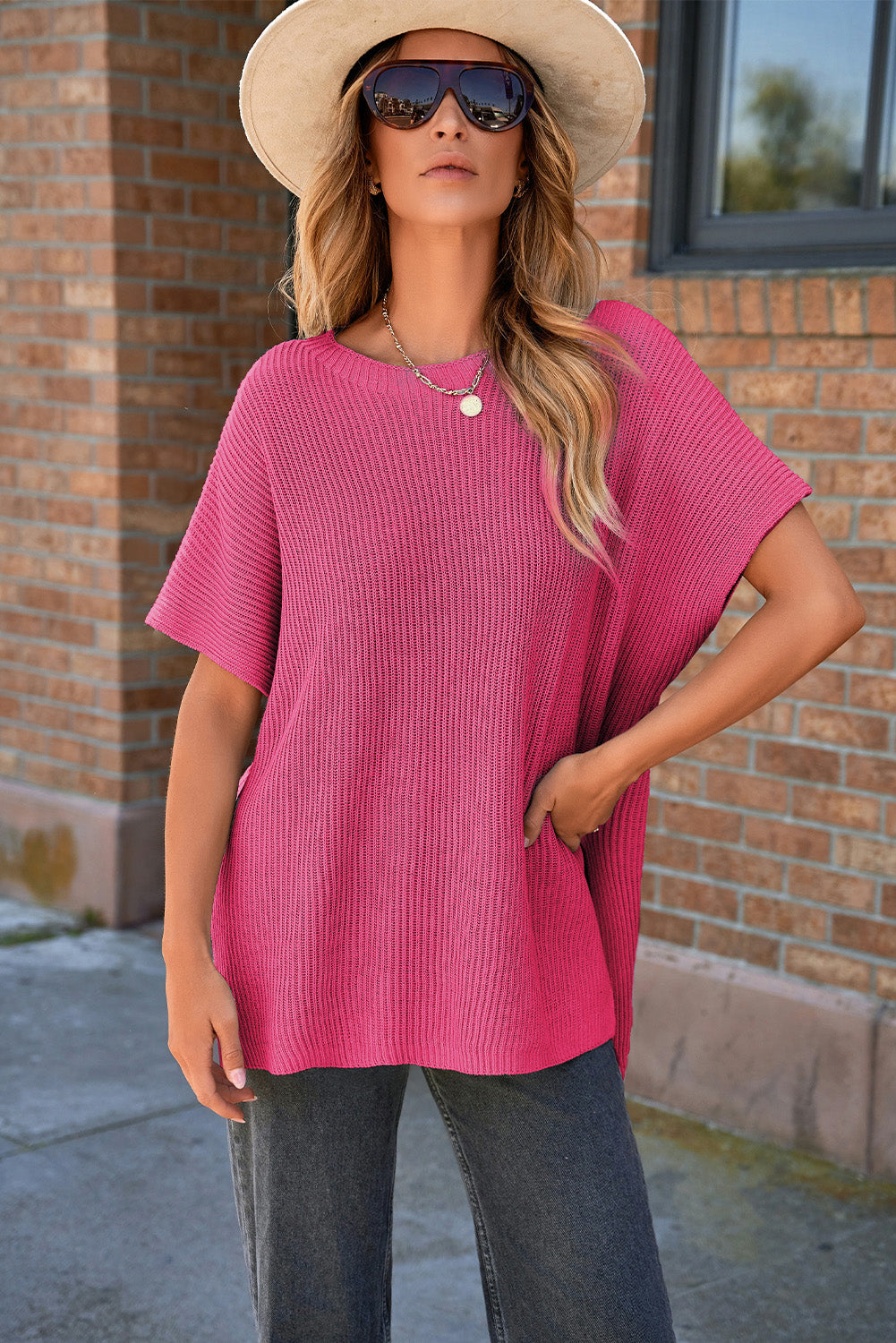 Blue Zone Planet | Haze Blue Short Sleeve Side Slit Oversized Sweater-Sweaters & Cardigans/Short Sleeve Sweaters-[Adult]-[Female]-Rose Red-S-2022 Online Blue Zone Planet