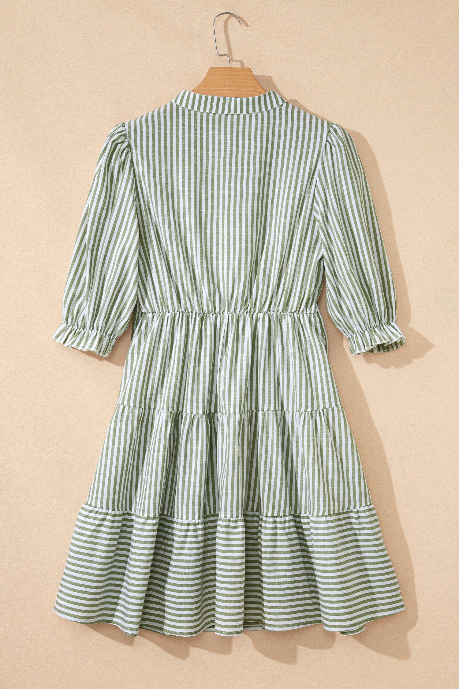 Green Stripe Tasseled Tie Neck Ruffled Short Sleeve Tiered Flattering Dress-TOPS / DRESSES-[Adult]-[Female]-2022 Online Blue Zone Planet
