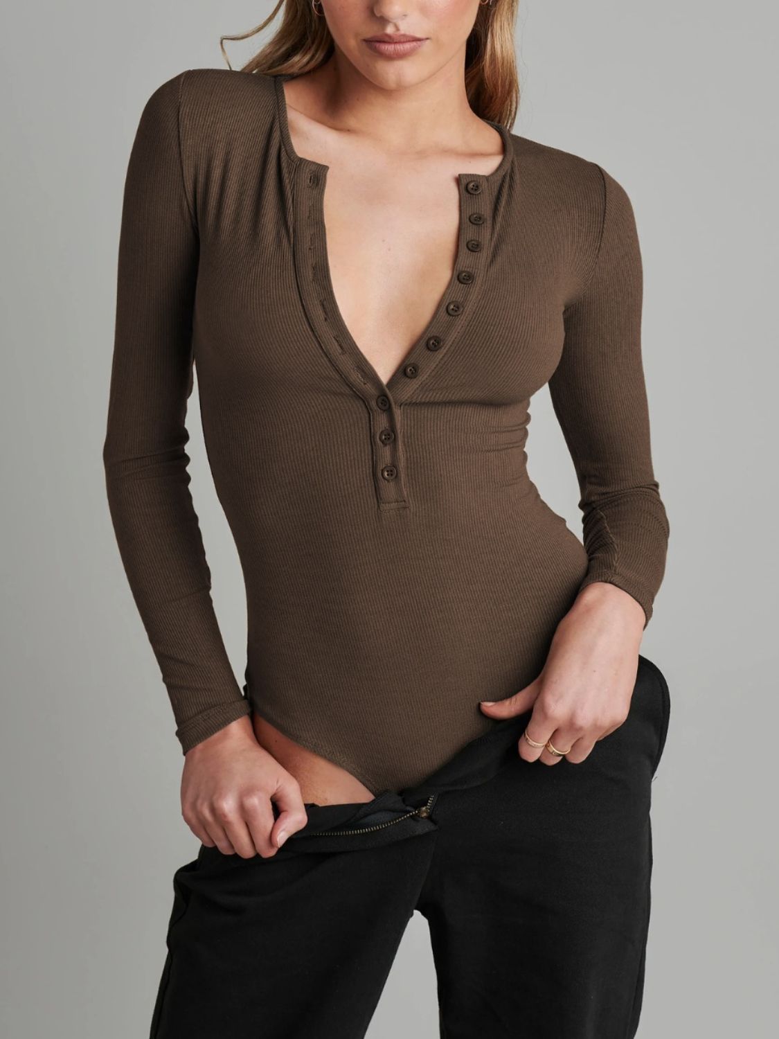 Half Button Long Sleeve Bodysuit-TOPS / DRESSES-[Adult]-[Female]-Chocolate-S-2022 Online Blue Zone Planet