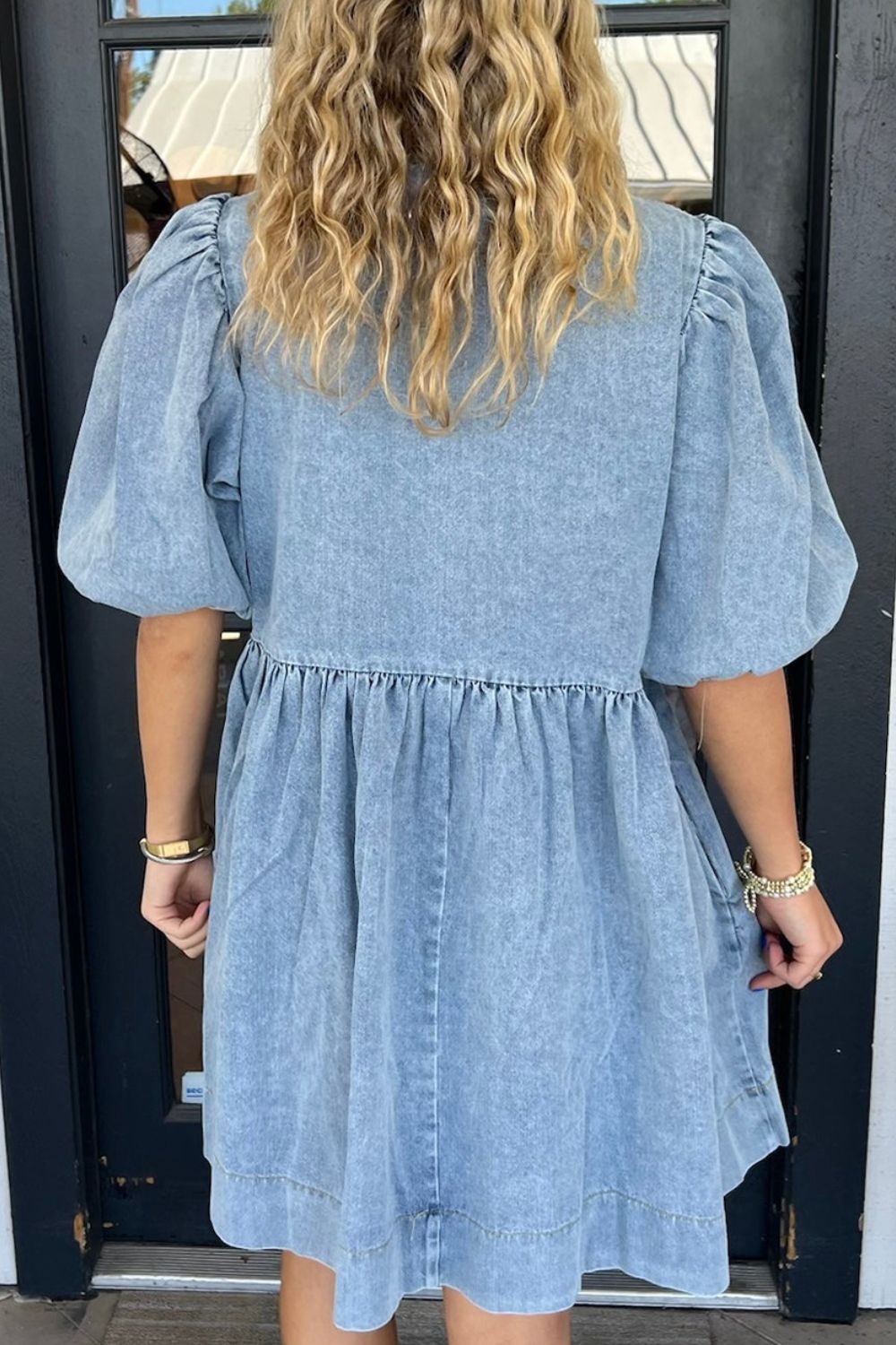 Bowknot Round Neck Half Sleeve Denim Dress-TOPS / DRESSES-[Adult]-[Female]-2022 Online Blue Zone Planet