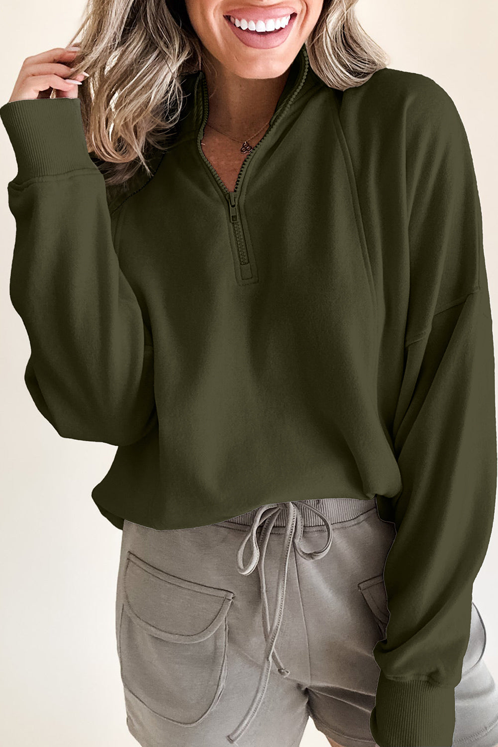 Smoke Gray Zipped Neck Pullover Drop Shoulder Sweatshirt-Tops/Sweatshirts & Hoodies-[Adult]-[Female]-Jungle Green-S-2022 Online Blue Zone Planet