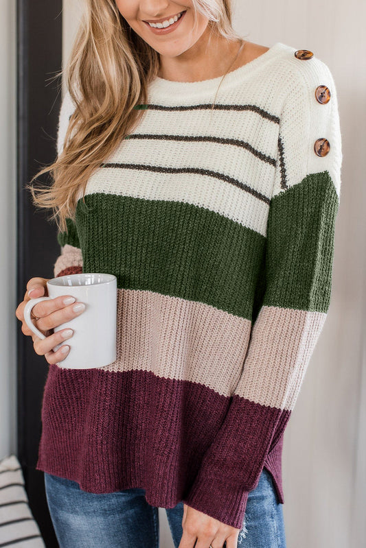 Blue Zone Planet | Green Color Block Striped Buttoned Shoulder Split Sweater-Sweaters & Cardigans/Sweaters-[Adult]-[Female]-Green-S-2022 Online Blue Zone Planet