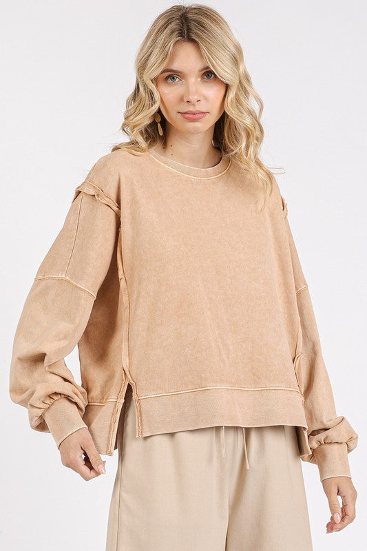 Mittoshop Side Slit Exposed Seam Round Neck Sweatshirt-TOPS / DRESSES-[Adult]-[Female]-Tan-S-2022 Online Blue Zone Planet