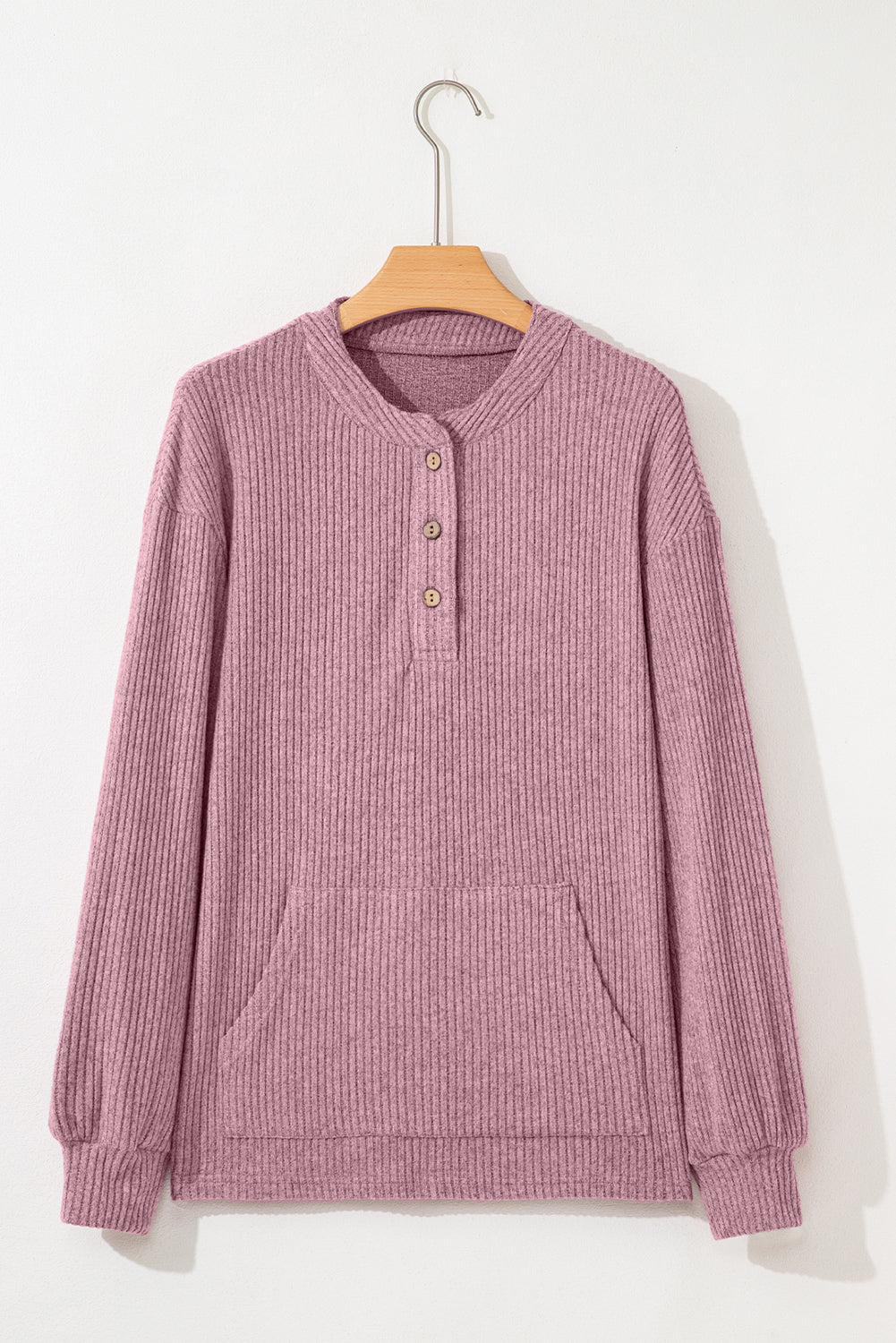 Pink Ribbed Texture Drop Shoulder Henley Knit Top-Tops/Long Sleeve Tops-[Adult]-[Female]-2022 Online Blue Zone Planet