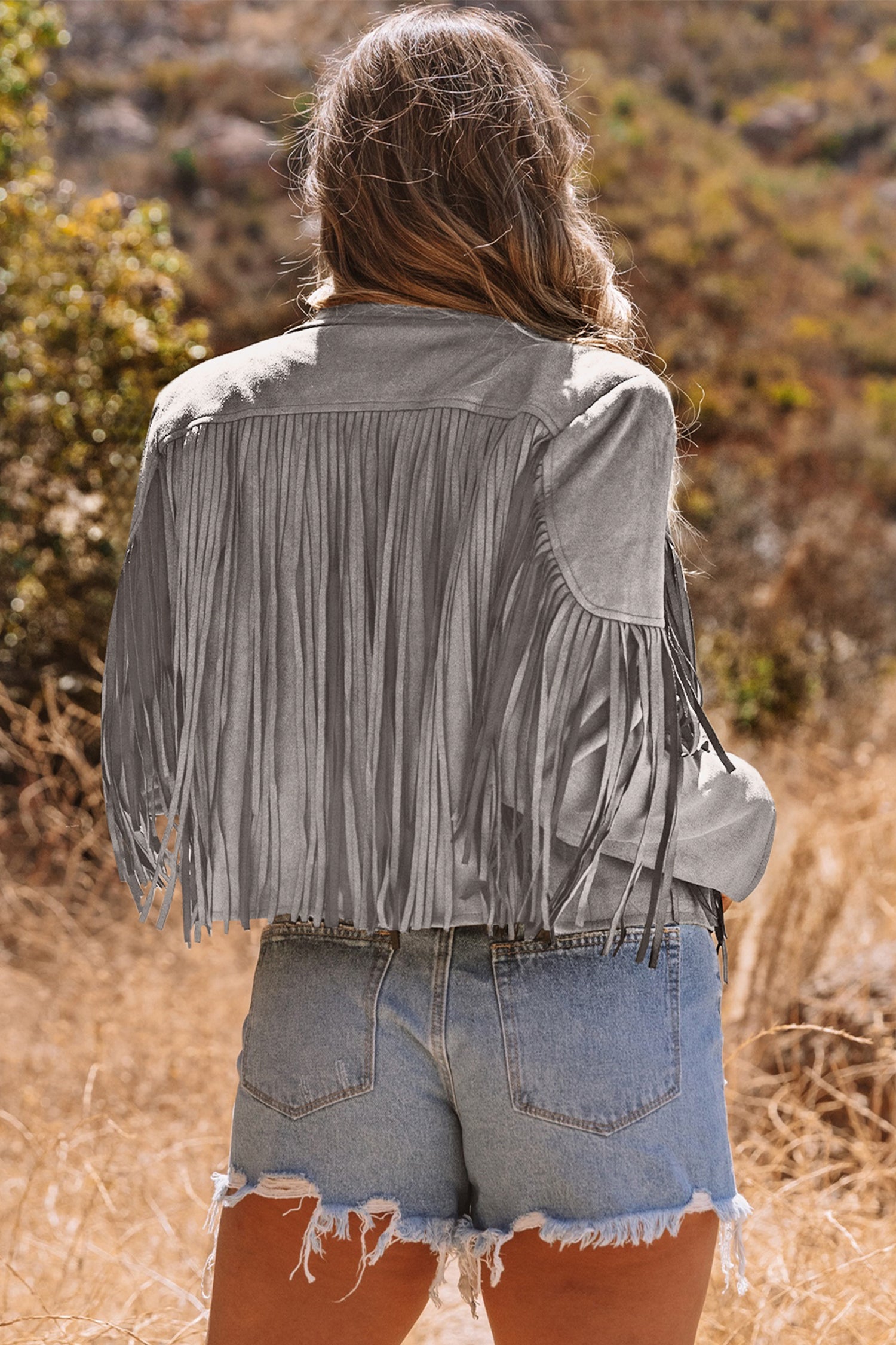 Gray Cropped Fringe Faux Suede Jacket-Outerwear/Jackets-[Adult]-[Female]-2022 Online Blue Zone Planet