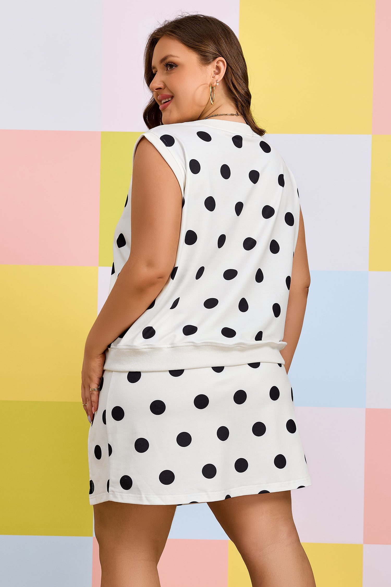 White Plus Size Polka Dot Printed Tank Split Skort 2pcs Outfit-Plus Size/Plus Size Loungewear-[Adult]-[Female]-2022 Online Blue Zone Planet