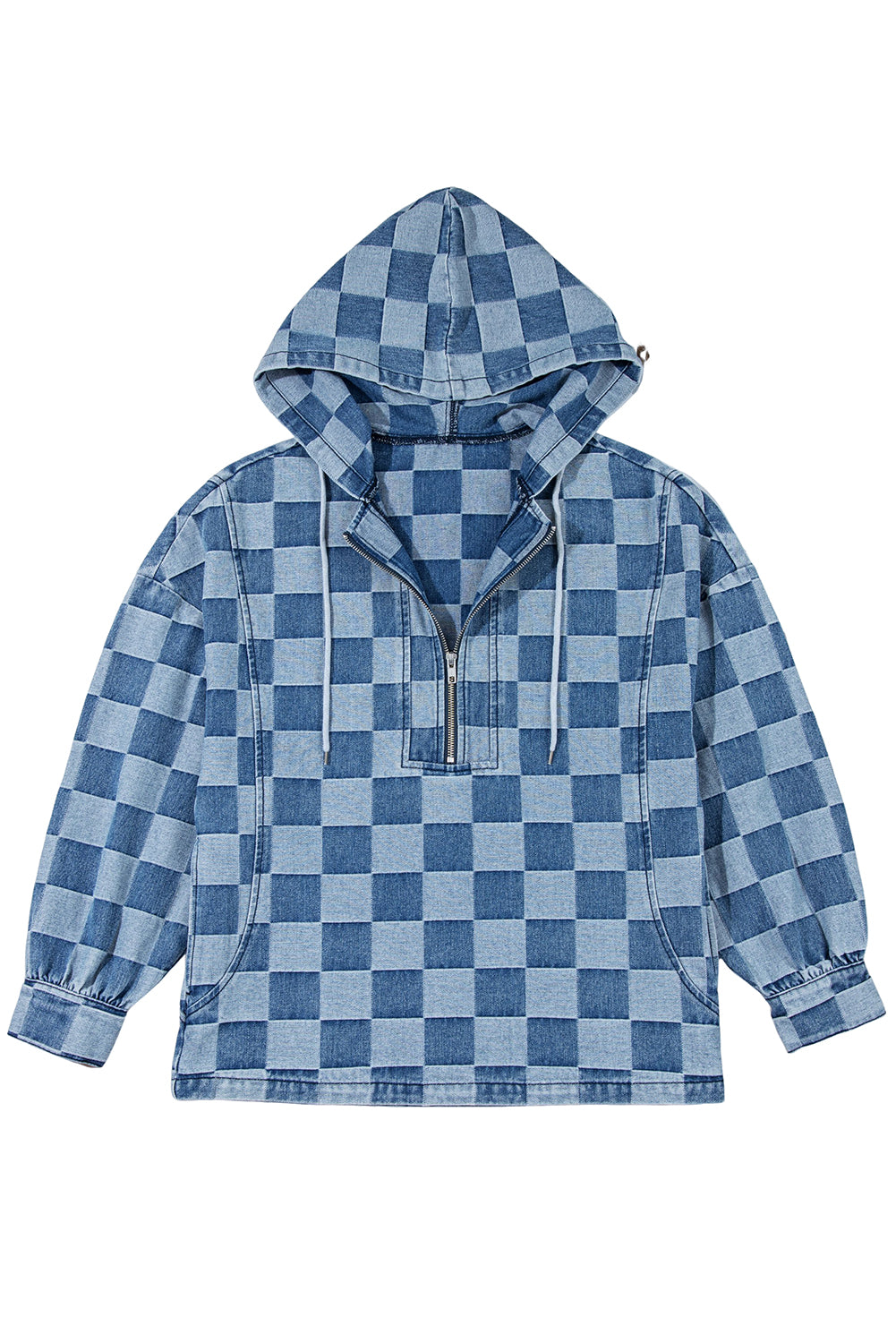 Sky Blue Checkerboard Zipped Neck Kangaroo Pocket Denim Hoodie-Tops/Sweatshirts & Hoodies-[Adult]-[Female]-2022 Online Blue Zone Planet