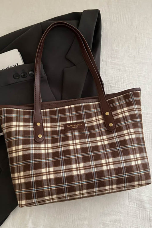 Plaid PU Leather Tote Bag-HANDBAGS-[Adult]-[Female]-Brown-One Size-2022 Online Blue Zone Planet