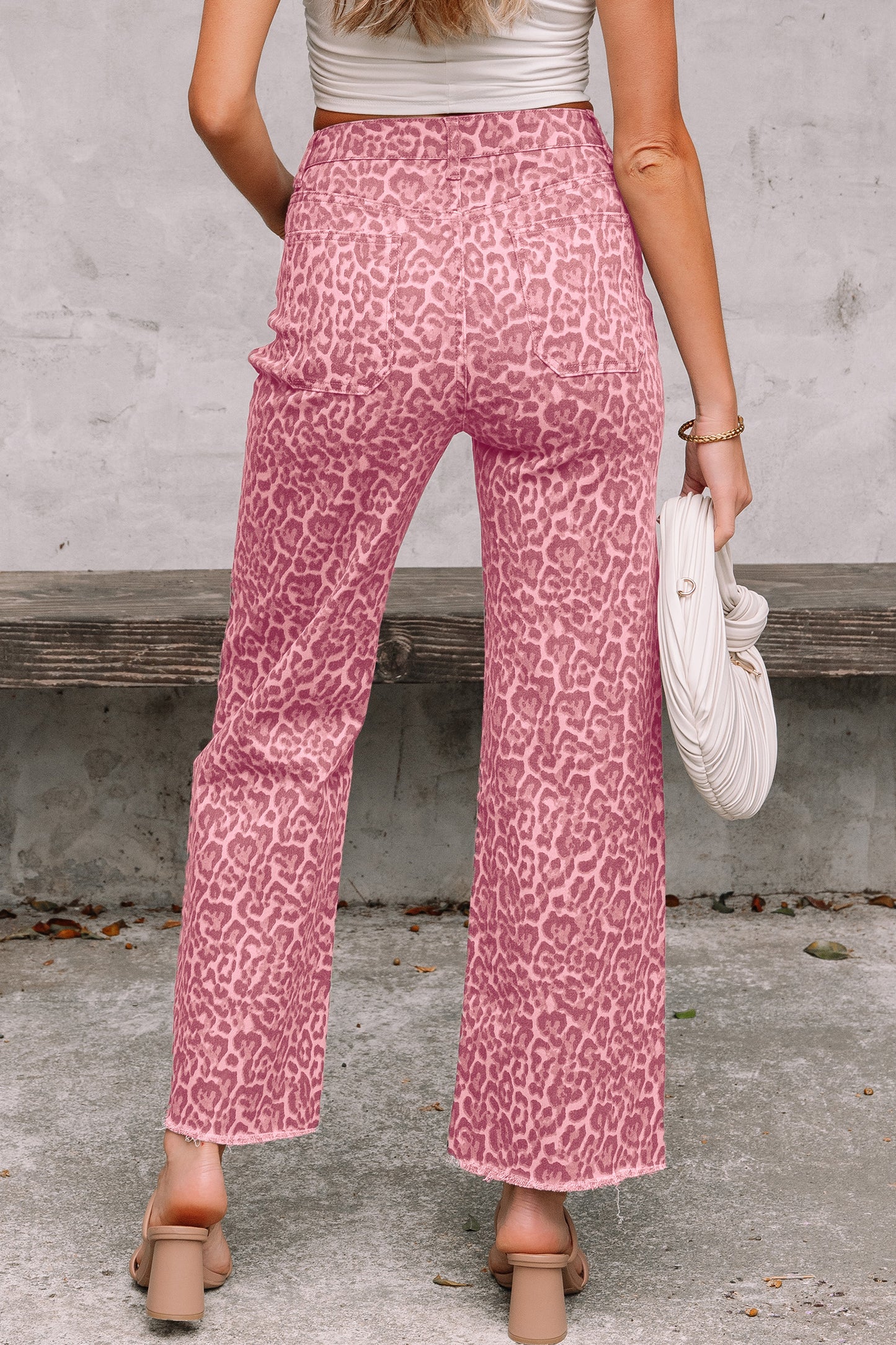 Rose Leopard Frayed Edge Wide Leg High Waist Jeans-Bottoms/Jeans-[Adult]-[Female]-2022 Online Blue Zone Planet