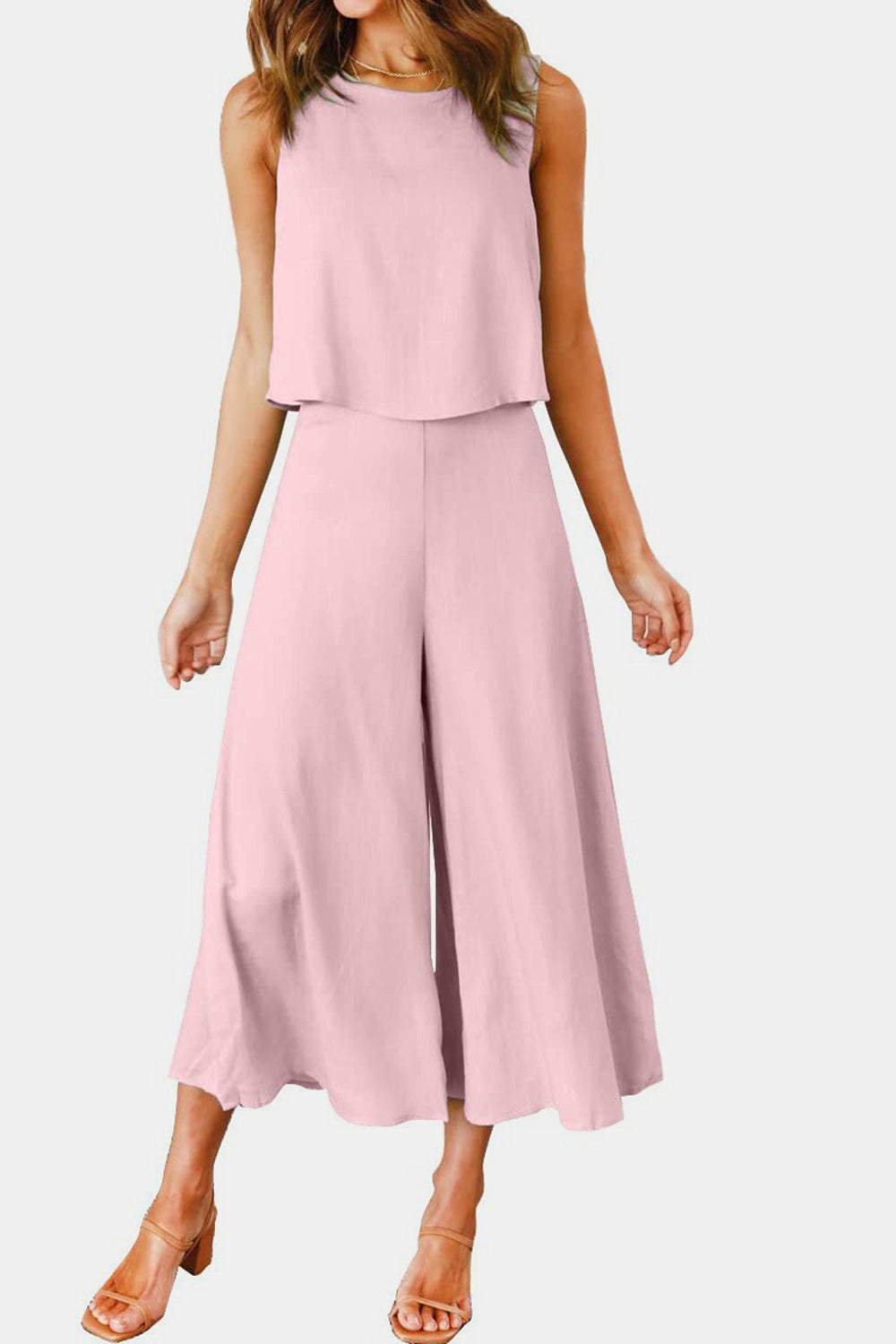 Round Neck Top and Wide Leg Pants Set-TOPS / DRESSES-[Adult]-[Female]-Beige-S-2022 Online Blue Zone Planet