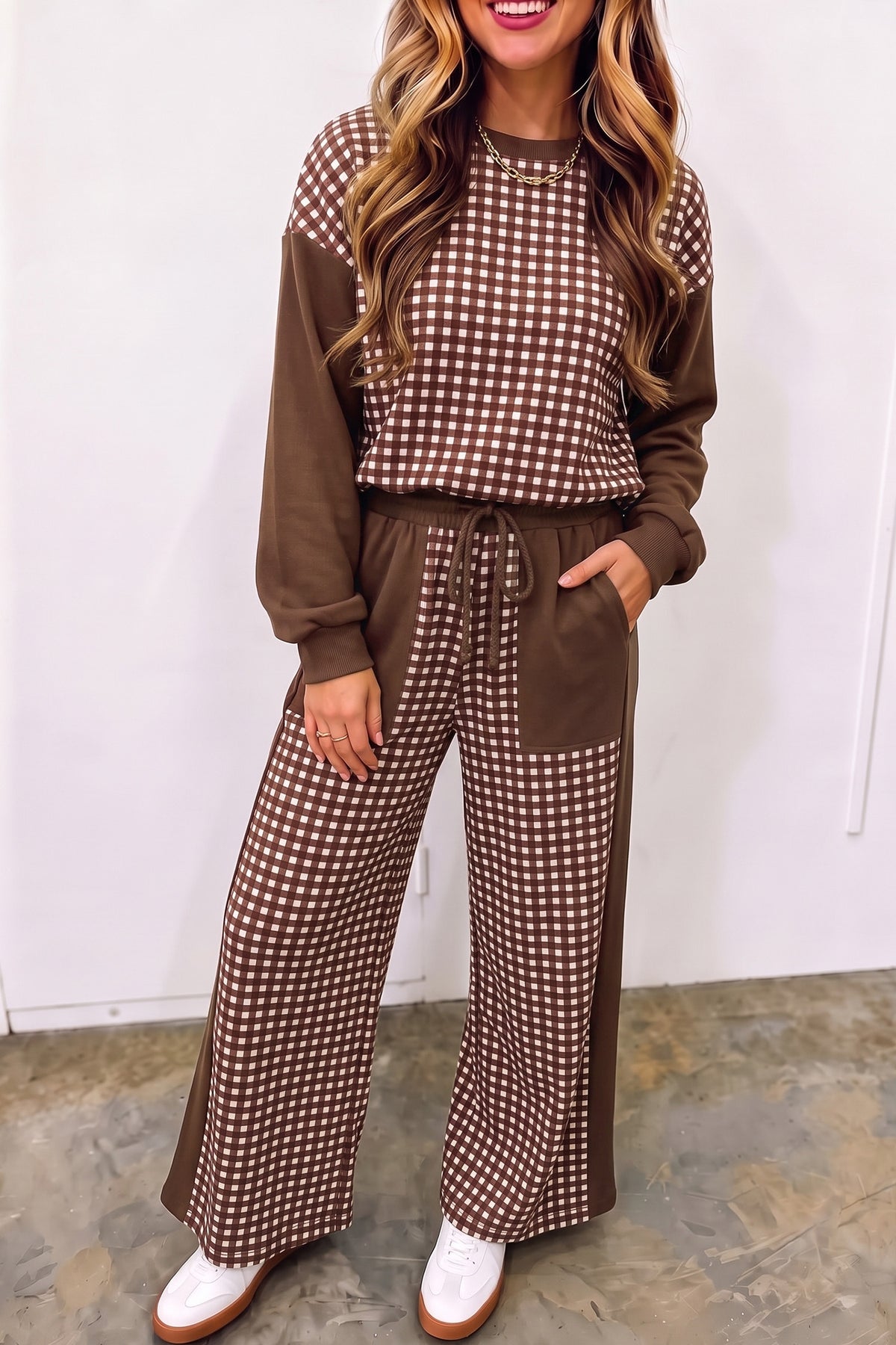 Khaki Color Block Plaid Patchwork Long Sleeve Pullover Wide Leg Pant Set-Two Piece Sets/Pant Sets-[Adult]-[Female]-Brown-S-2022 Online Blue Zone Planet