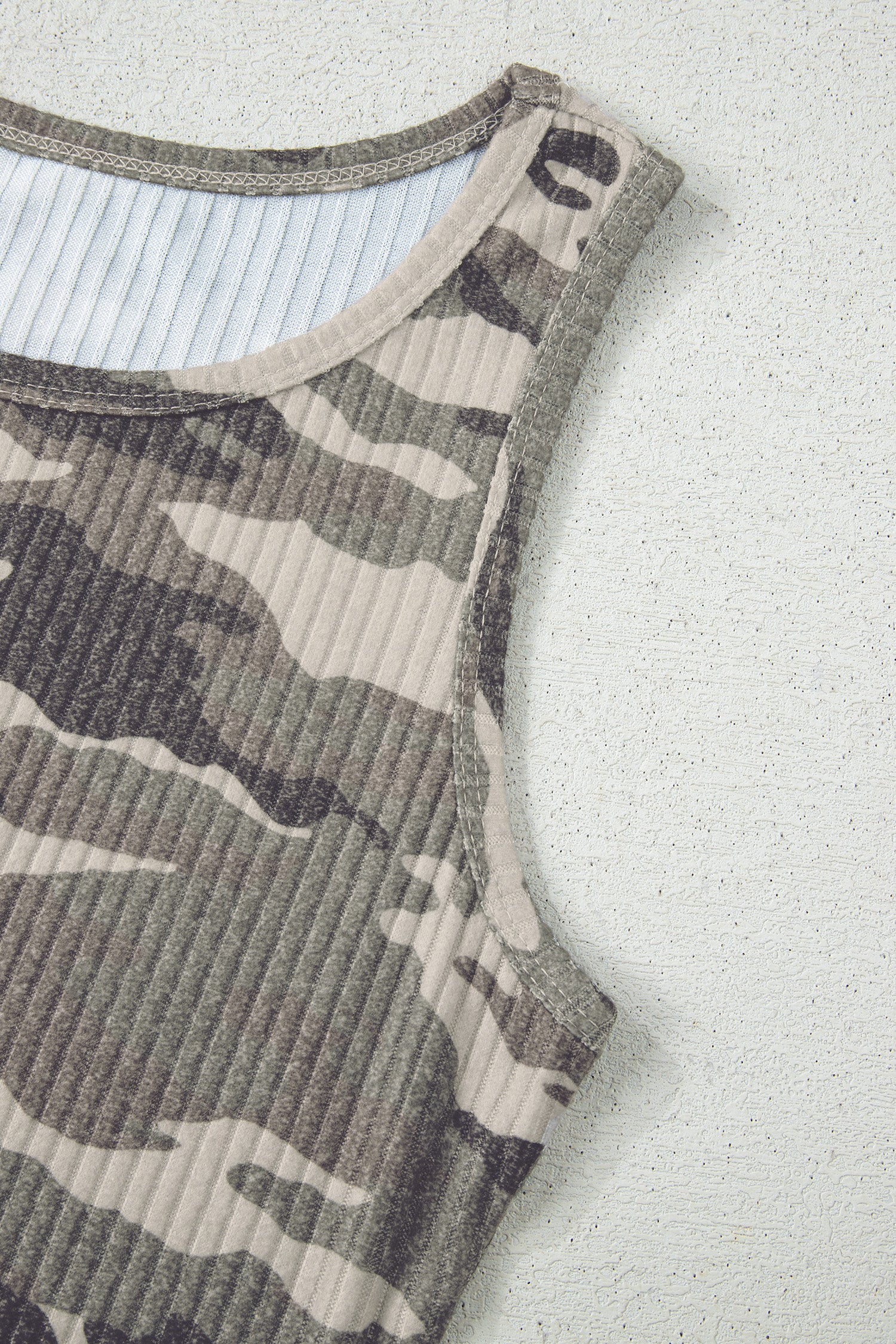 Green Camouflage Print Ribbed Knit Round Neck Tank Top-Tops/Tank Tops-[Adult]-[Female]-2022 Online Blue Zone Planet