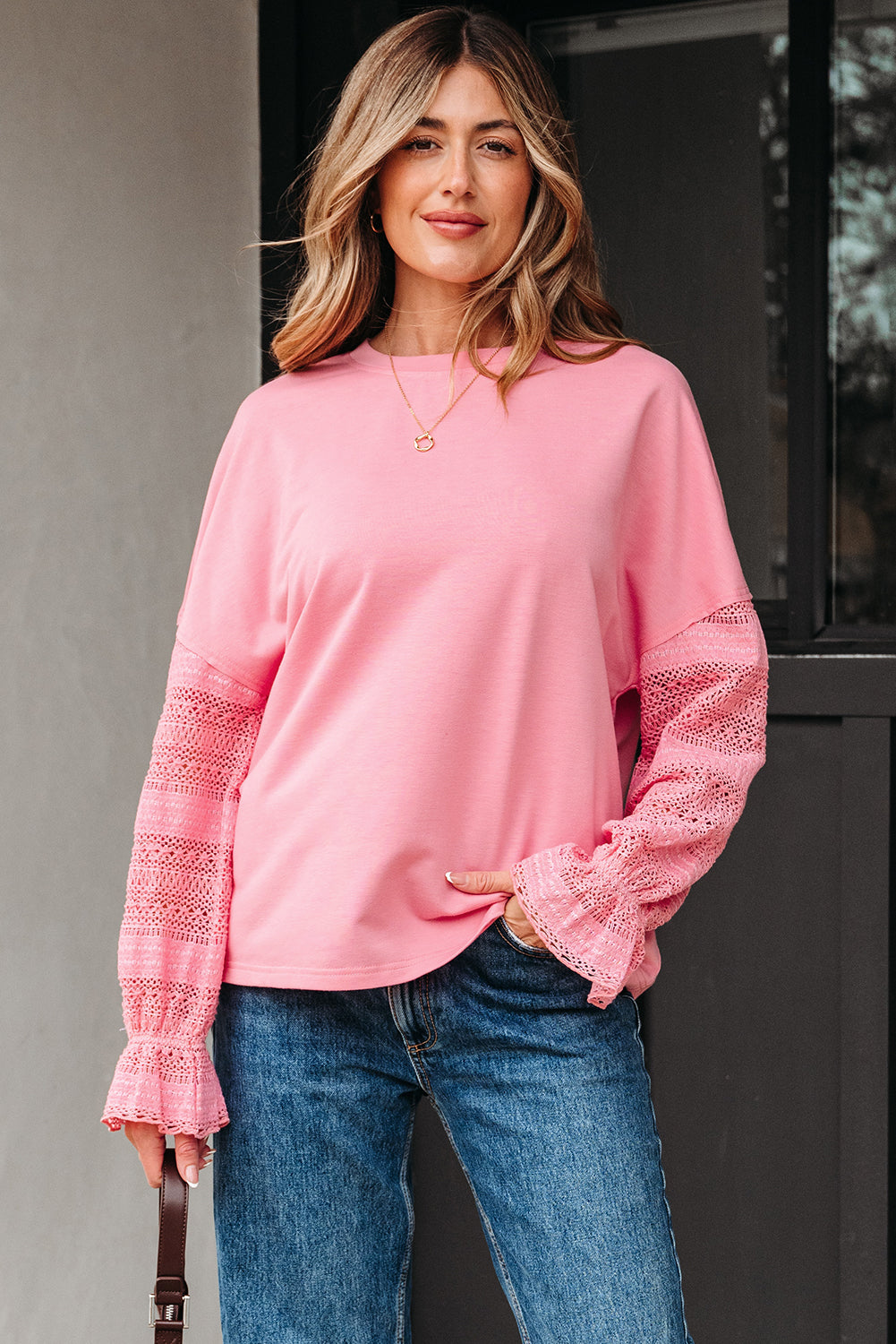 Sachet Pink Drop Shoulder Lace Ruffled Sleeve Patchwork Loose Sweatshirt-Tops/Sweatshirts & Hoodies-[Adult]-[Female]-2022 Online Blue Zone Planet