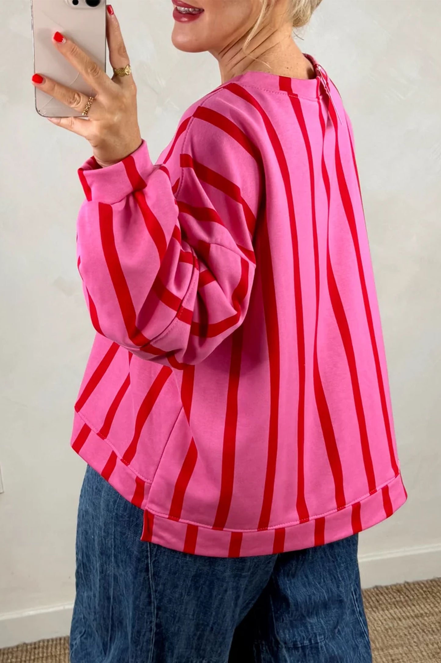Pink Stripe Dropped Shoulder Round Neck Casual Sweatshirt-Tops/Sweatshirts & Hoodies-[Adult]-[Female]-2022 Online Blue Zone Planet