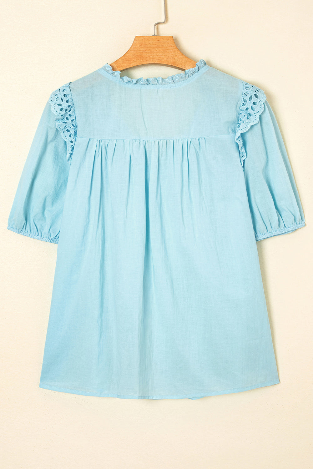 Mist Blue Embroidered Lace Patchwork Tie Neck Puff Short Sleeve Blouse-Tops/Blouses & Shirts-[Adult]-[Female]-2022 Online Blue Zone Planet
