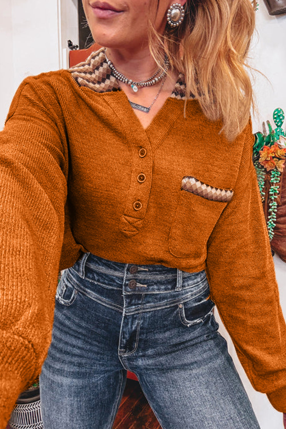Straw Yellow Contrast Plaid Hood Patchwork Chest Pocket Henley Top-Tops / Dresses-[Adult]-[Female]-2022 Online Blue Zone Planet