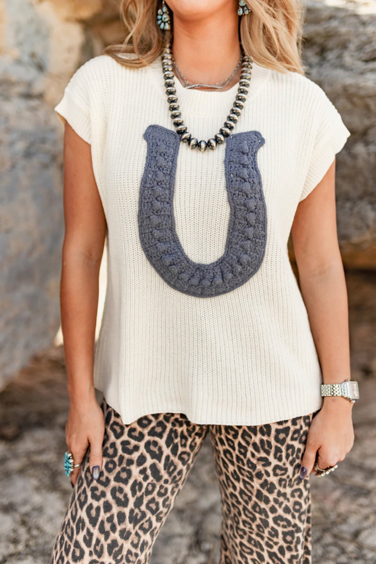 Turquoise Crochet Horseshoe Short Sleeve Knit Sweater-TOPS / DRESSES-[Adult]-[Female]-2022 Online Blue Zone Planet