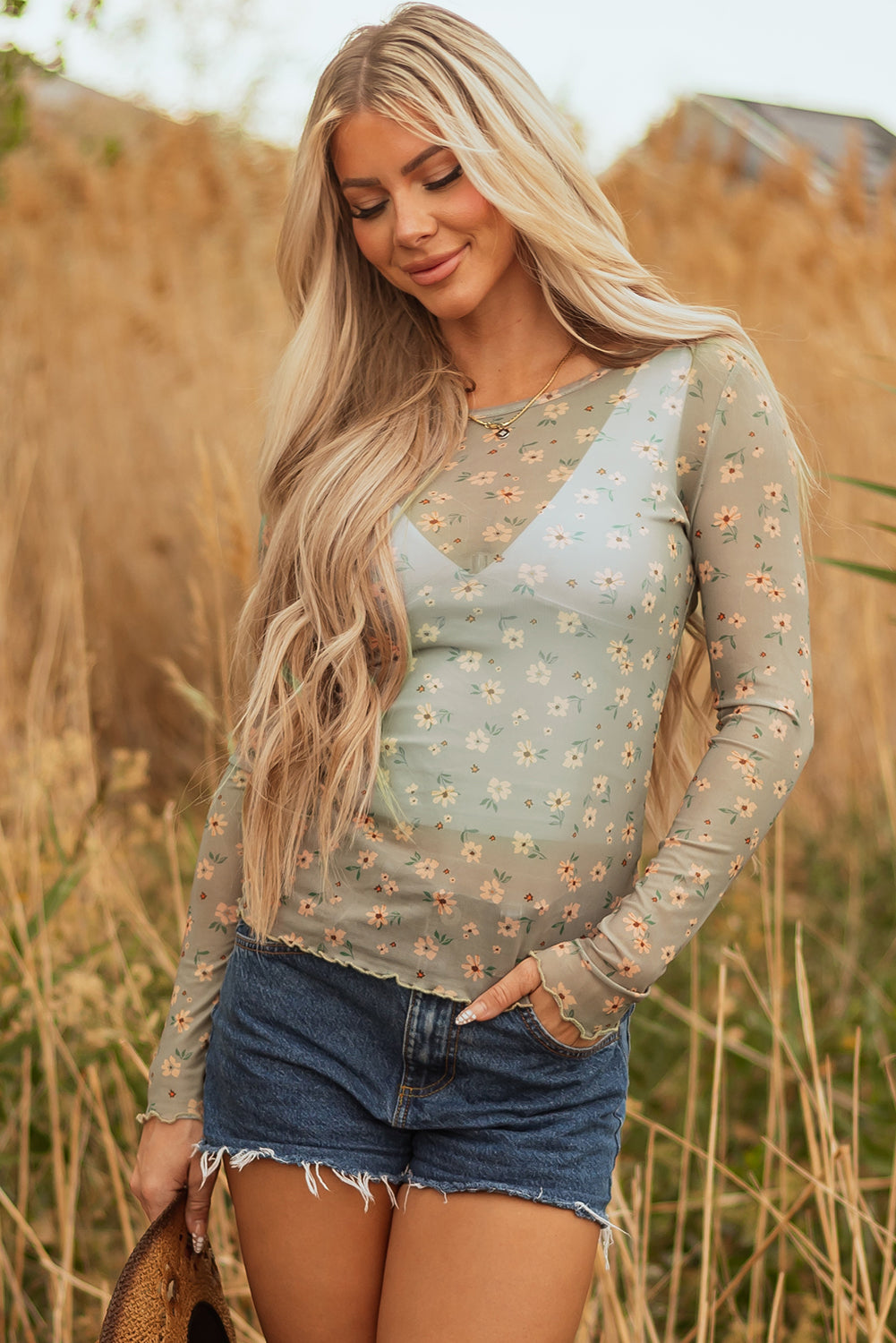 Laurel Green Vintage Floral Print Southern Style Mesh Long Sleeve Top-Tops/Long Sleeve Tops-[Adult]-[Female]-2022 Online Blue Zone Planet