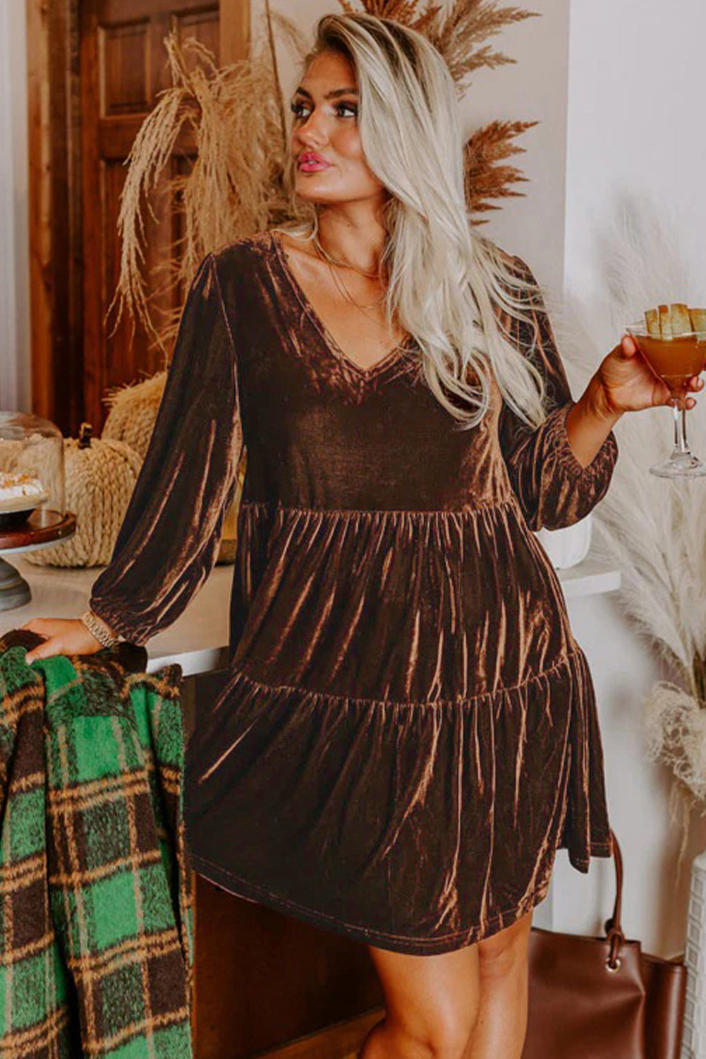 Chicory Coffee Solid Color Velvet V Neck Long Sleeve Tiered Mini Dress