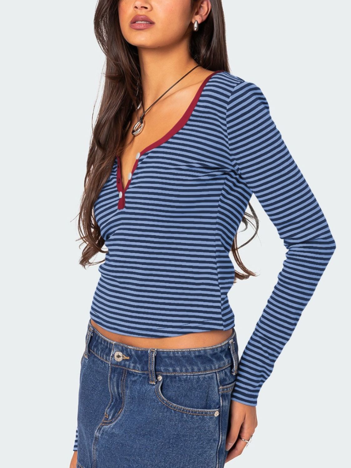 Buttoned Striped Long Sleeve T-Shirt-TOPS / DRESSES-[Adult]-[Female]-2022 Online Blue Zone Planet