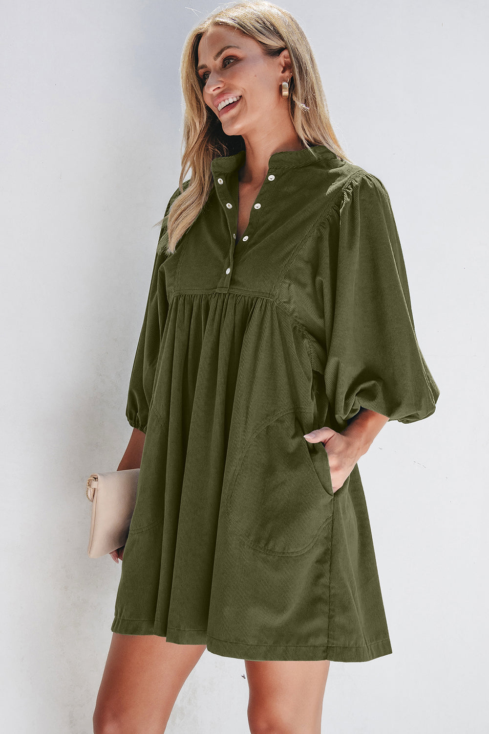 Blue Zone Planet | Vineyard Green Corduroy Snap Buttons Empire Waist Bracelet Sleeve Mini Dress-TOPS / DRESSES-[Adult]-[Female]-2022 Online Blue Zone Planet