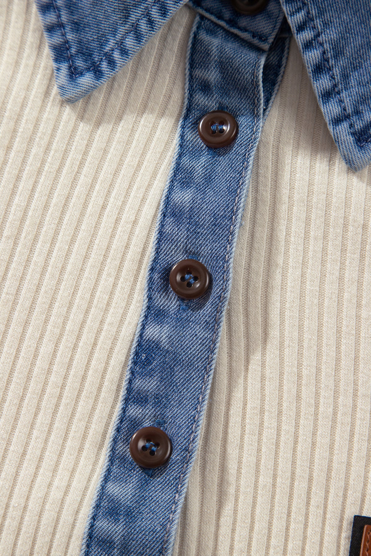 Light Grey Ribbed Denim Colorblock Detail Button Collar Long Sleeve Top-Tops/Long Sleeve Tops-[Adult]-[Female]-2022 Online Blue Zone Planet
