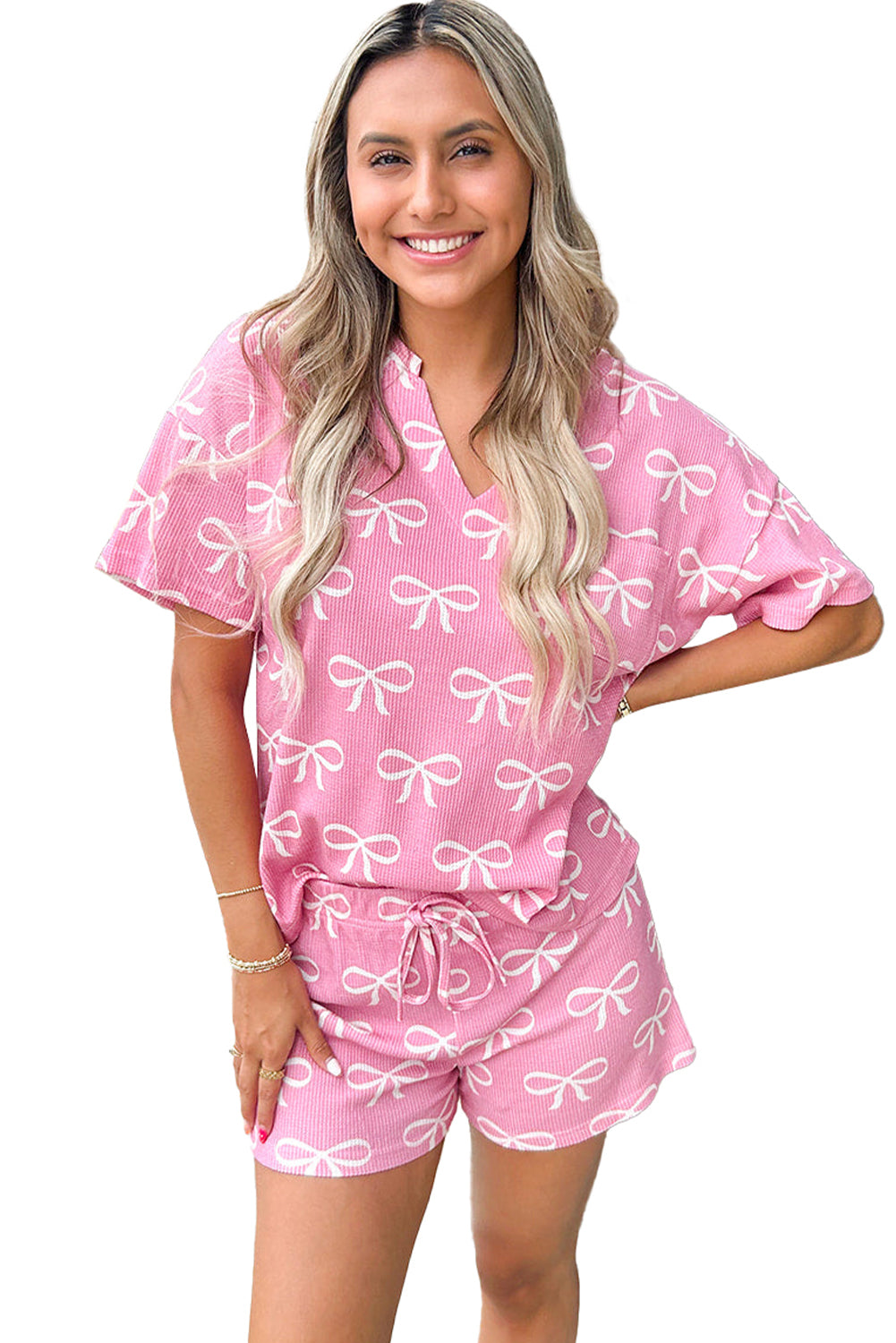 Blue Zone Planet | Pink Waffle Knit Bowknot Printed V Neck T Shirt And Shorts Set-Two Piece Shorts Sets-[Adult]-[Female]-2022 Online Blue Zone Planet