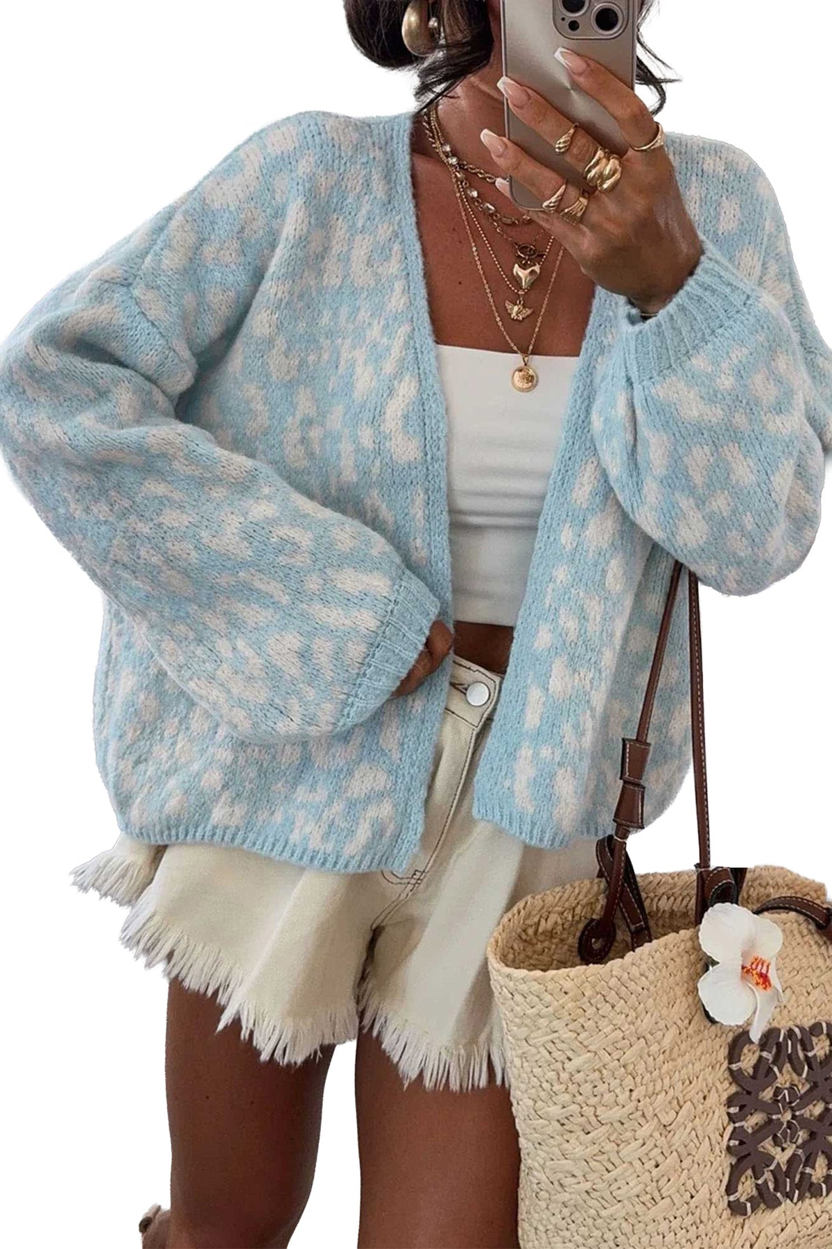 Light Blue Leopard Print V Neck Long Sleeve Loose Fit Knit Cardigan-Sweaters & Cardigans/Cardigans-[Adult]-[Female]-2022 Online Blue Zone Planet