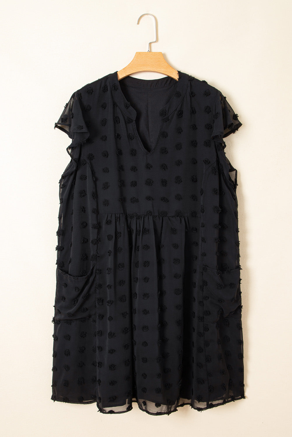 Black Dotty Textured Notched Neck Plus Ruffled Dress-TOPS / DRESSES-[Adult]-[Female]-2022 Online Blue Zone Planet