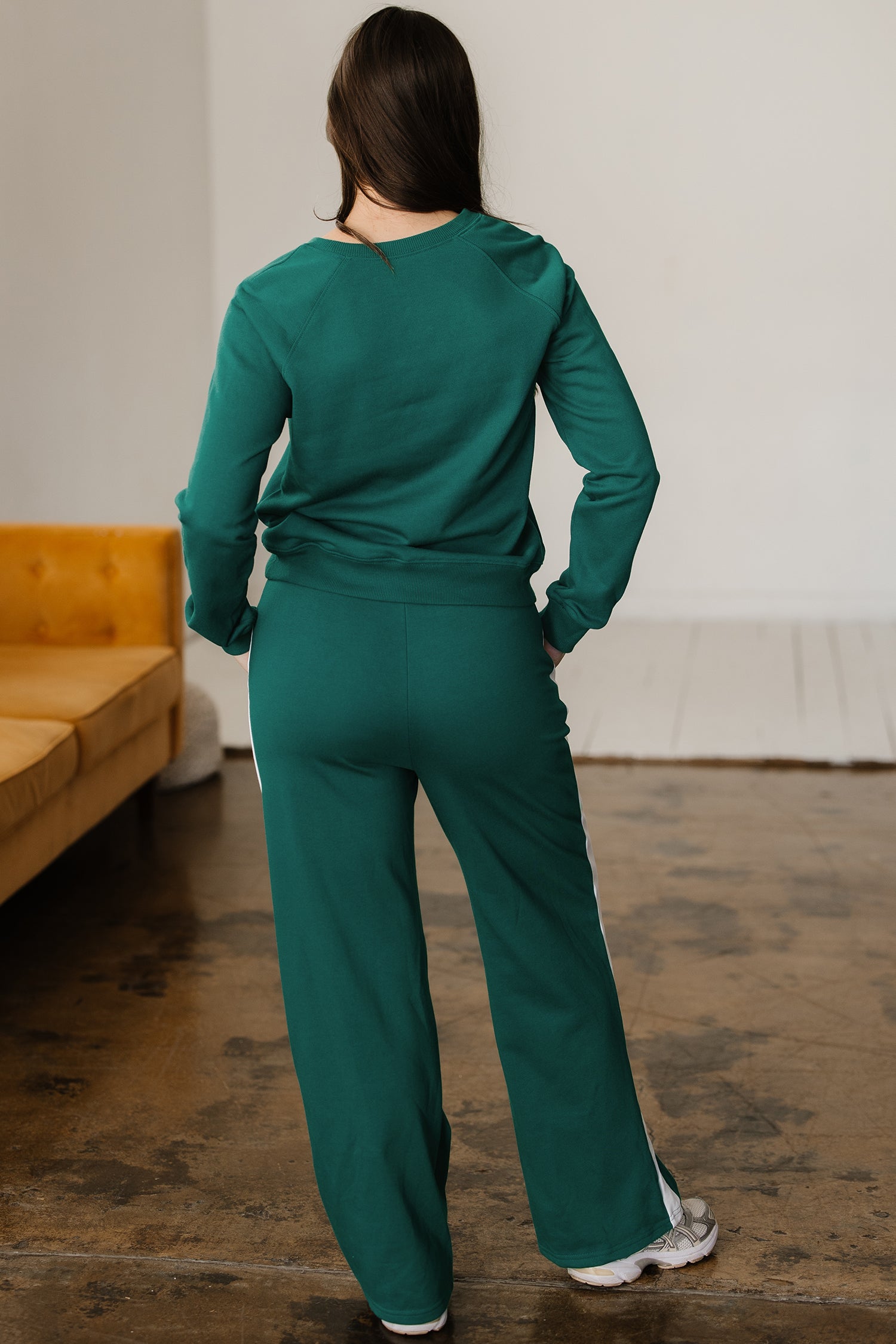 Sea Green Solid Color Pullover Top Varsity Stripe Detail Loose Drawstring Pants Set-Two Piece Sets/Pant Sets-[Adult]-[Female]-2022 Online Blue Zone Planet