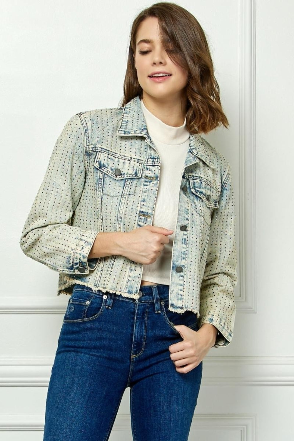 Veveret Multi Color Stripe Rhinestone Raw Hem Denim Jacket-TOPS / DRESSES-[Adult]-[Female]-2022 Online Blue Zone Planet