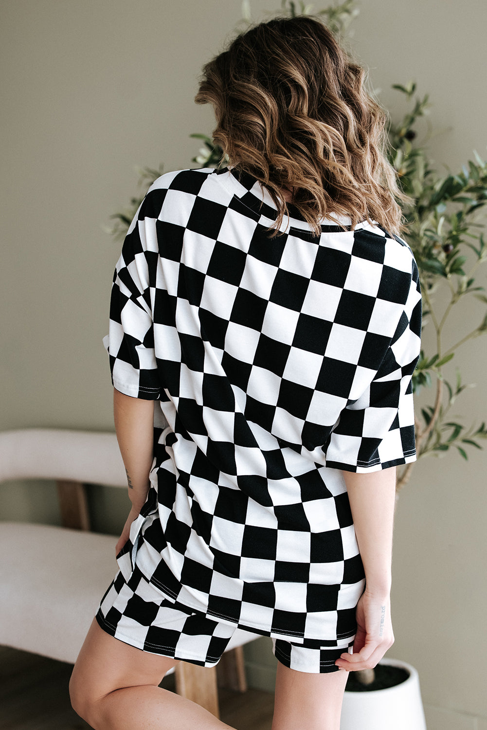 Blue Zone Planet | Black Checkerboard Print V Neck Loose Tee and Shorts Lounge Set-Loungewear & Sleepwear/Loungewear-[Adult]-[Female]-2022 Online Blue Zone Planet