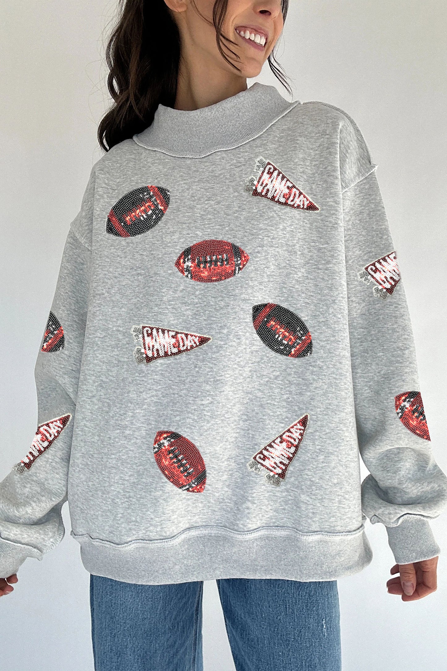 Light Grey Sequin Rugby Game Day High Neck Baggy Sweatshirt-Graphic/Graphic Sweatshirts-[Adult]-[Female]-2022 Online Blue Zone Planet