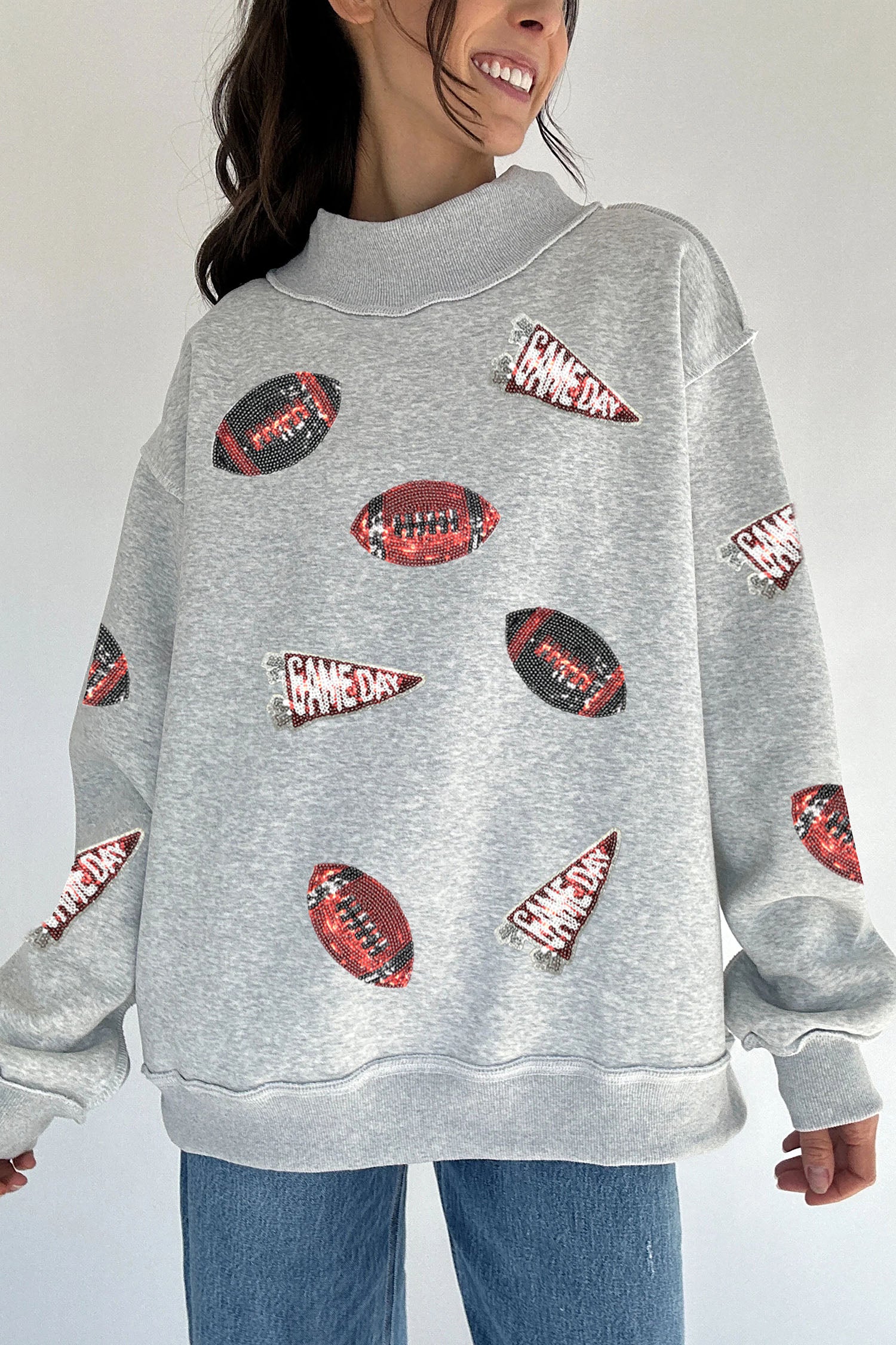 Light Grey Sequin Rugby Game Day High Neck Baggy Sweatshirt-Graphic/Graphic Sweatshirts-[Adult]-[Female]-2022 Online Blue Zone Planet