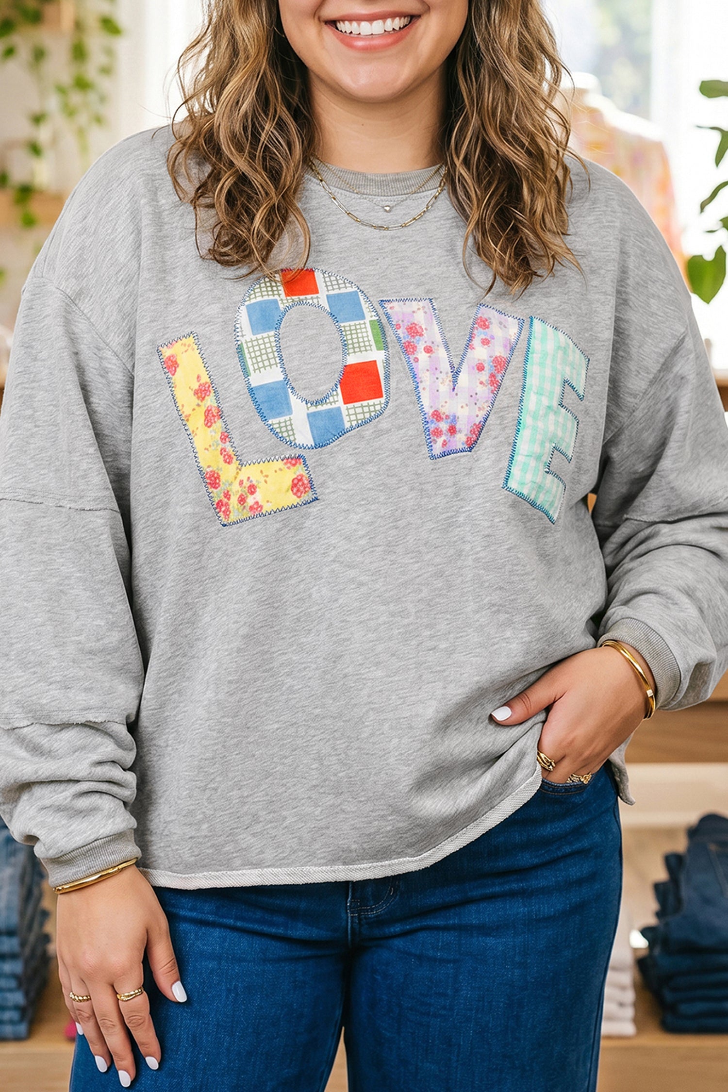 Light Grey Long Sleeve Patch Embroidery Tunic Plus Size Blouse-Plus Size/Plus Size Tops/Plus Size Long Sleeve Tops-[Adult]-[Female]-Light Grey-1X-2022 Online Blue Zone Planet