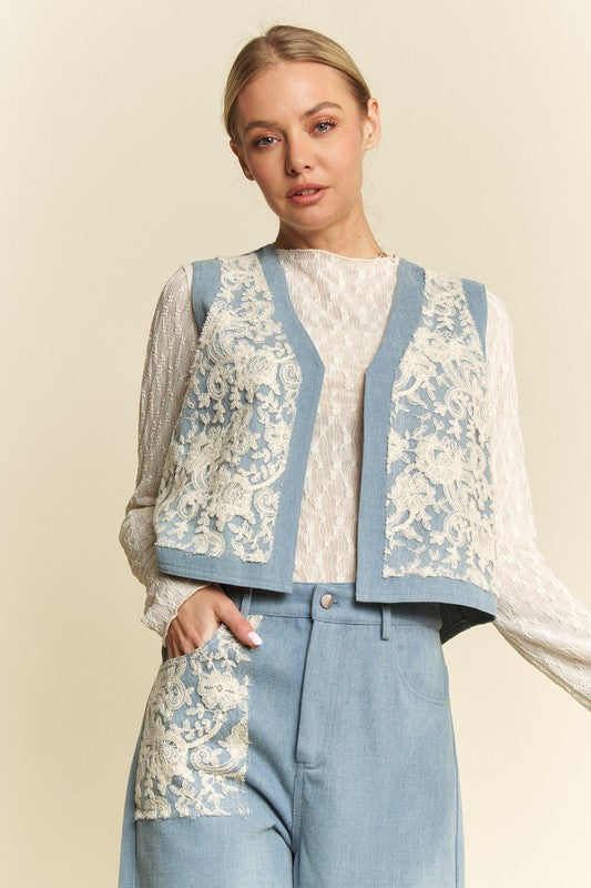 Davi & Dani Lace Patch Open Front Denim Vest-TOPS / DRESSES-[Adult]-[Female]-2022 Online Blue Zone Planet