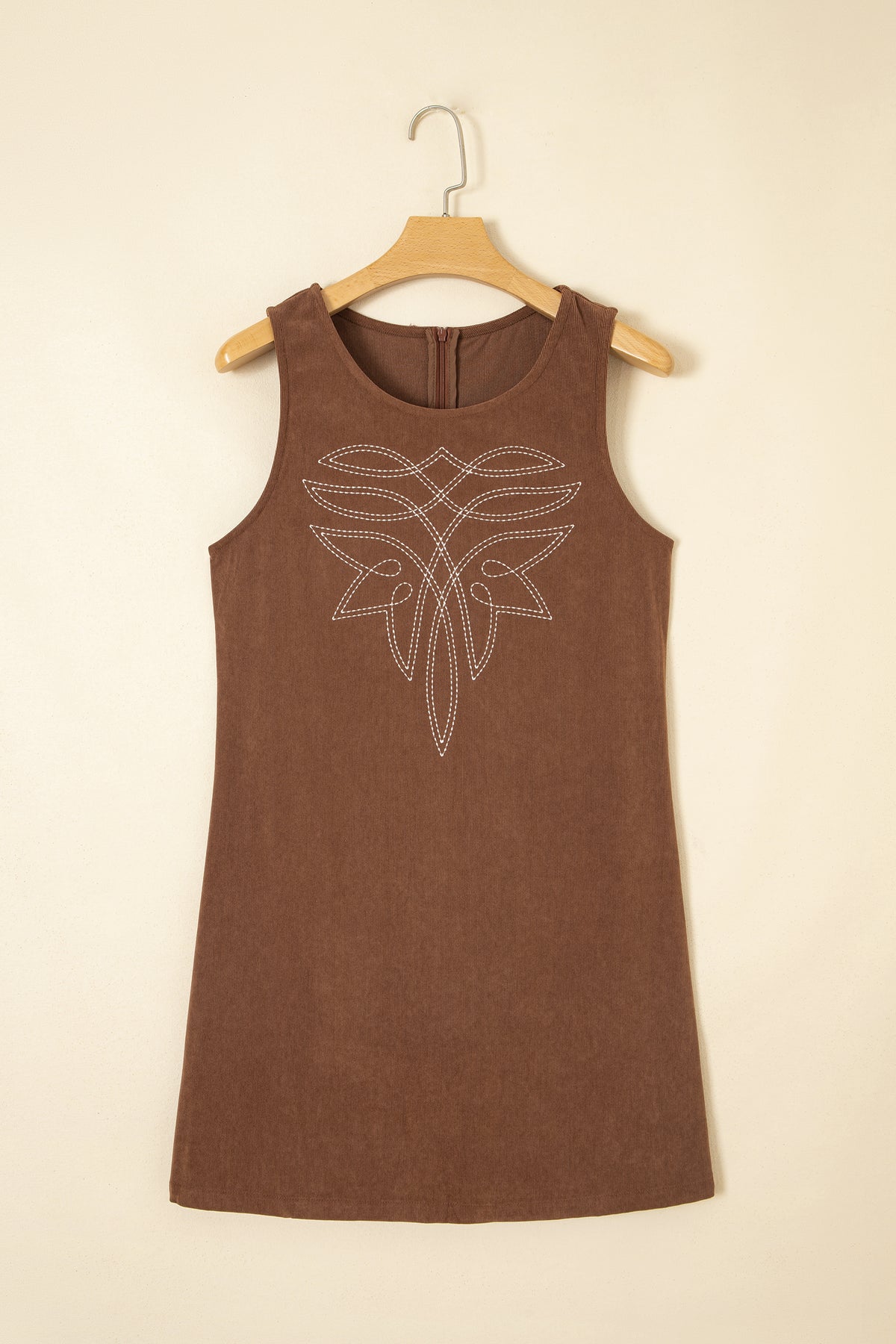 Coffee Geometric Embroidery Sleeveless Corduroy Shift Dress-TOPS / DRESSES-[Adult]-[Female]-2022 Online Blue Zone Planet