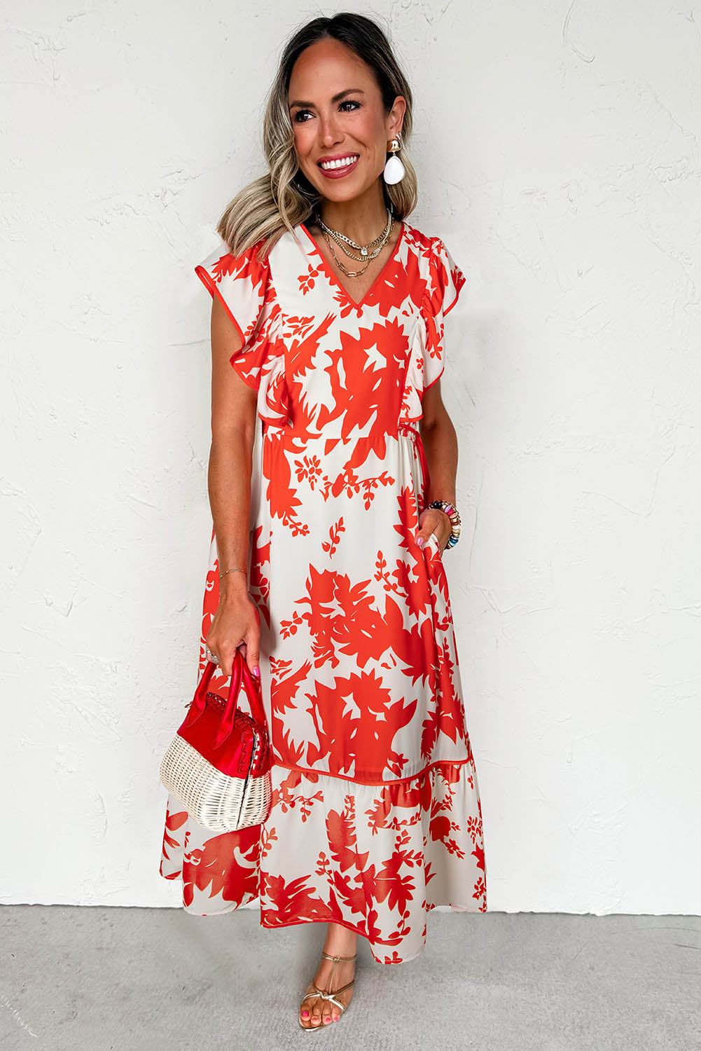 Red Floral Print Trimmed V Neck Ruffle Sleeve Maxi Dress-Maxi Dresses-[Adult]-[Female]-2022 Online Blue Zone Planet