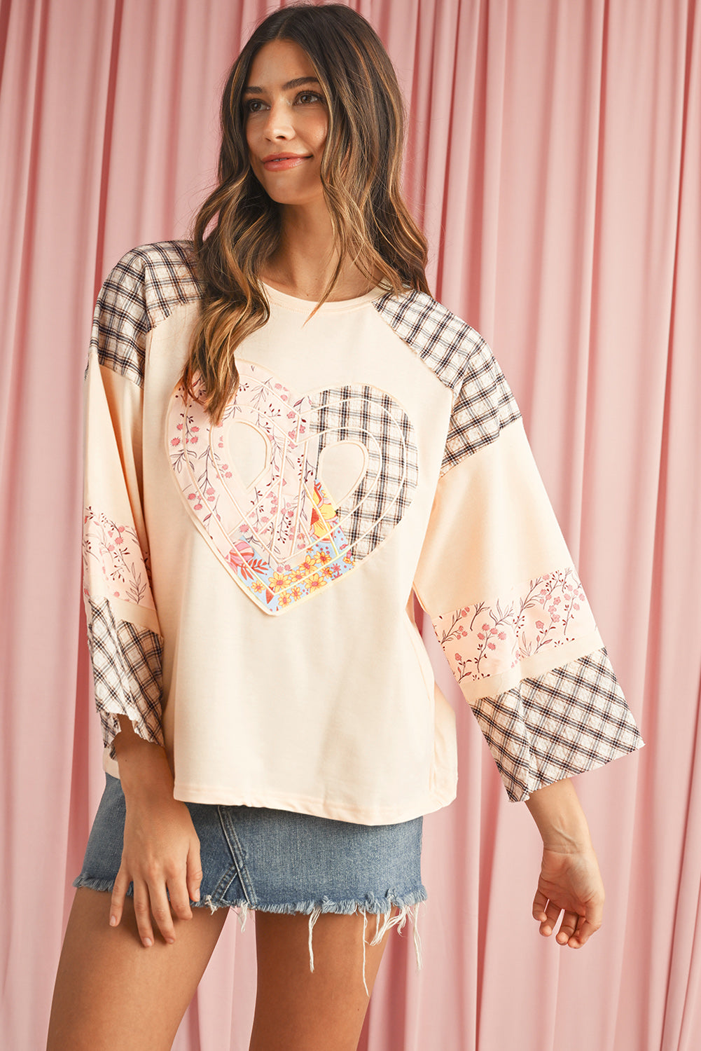 Aqua Plaid Floral Patchwork Heart Long Sleeve Top