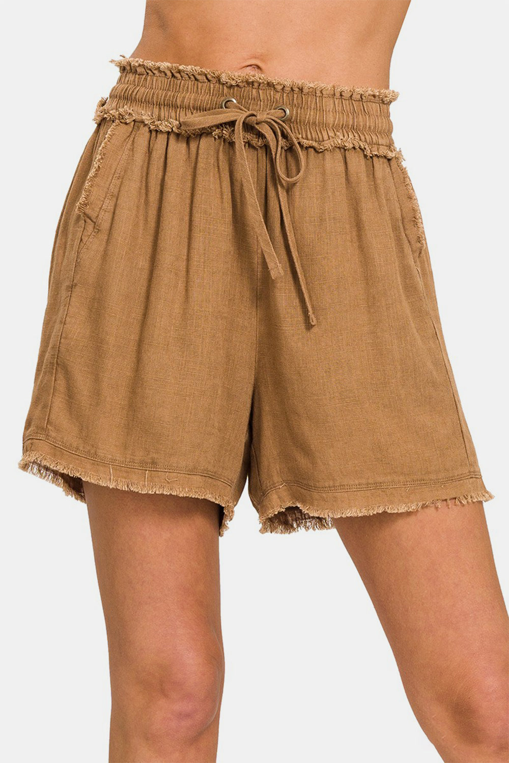 Blue Zone Planet | Zenana Washed Linen Frayed Hem Drawstring Shorts-BOTTOMS SIZES SMALL MEDIUM LARGE-[Adult]-[Female]-Deep Camel-S-2022 Online Blue Zone Planet