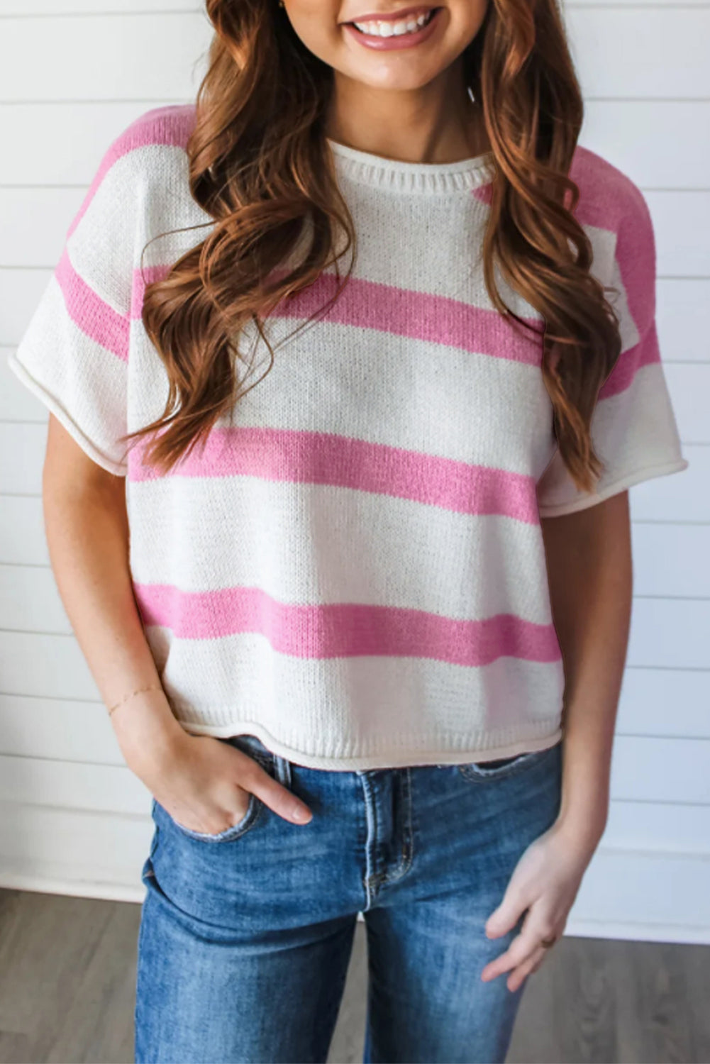 Khaki Stripe Dropped Short Sleeve Lightweight Knitted Top-Tops/Short Sleeve Sweaters-[Adult]-[Female]-Pink Stripe-S-2022 Online Blue Zone Planet