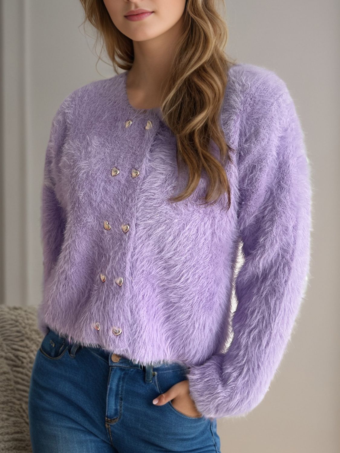 Blue Zone Planet | Heart Button Round Neck Cardigan-TOPS / DRESSES-[Adult]-[Female]-Lavender-One Size-2022 Online Blue Zone Planet