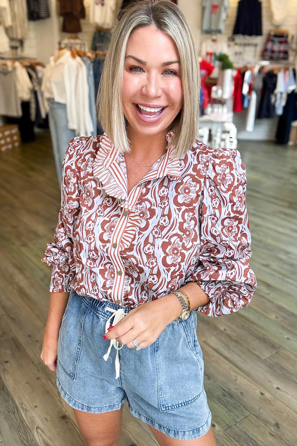 Floral Print Frilled Striped Trim Button Down Smocked Cuffs Long Sleeve Shirt-Tops/Blouses & Shirts-[Adult]-[Female]-2022 Online Blue Zone Planet