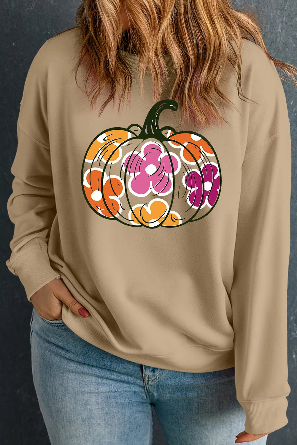 Plus Size Pumpkin Graphic Dropped Shoulder Sweatshirt-TOPS / DRESSES-[Adult]-[Female]-Khaki-1XL-2022 Online Blue Zone Planet