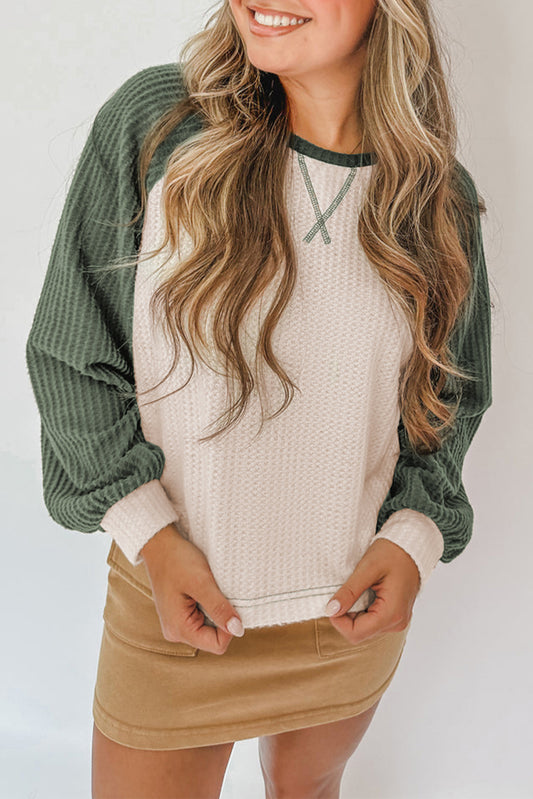 Mist Green Waffle Color Block Raglan Sleeve Top-Tops/Long Sleeve Tops-[Adult]-[Female]-Mist Green-S-2022 Online Blue Zone Planet
