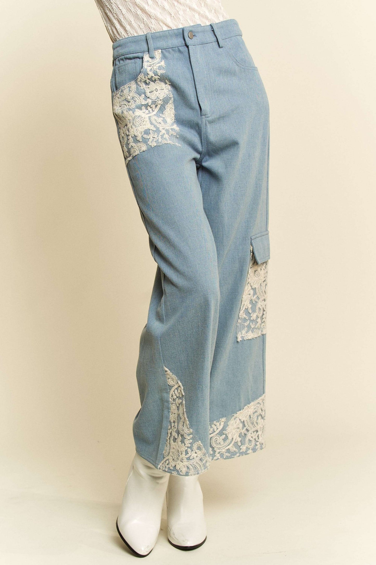 Davi & Dani Lace Applique Wide Leg Jeans-BOTTOMS-[Adult]-[Female]-2022 Online Blue Zone Planet